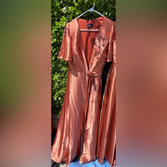 V-Neck Satin with Sleeves Wrap High Slit Long Formal Gown Dress - Picture 2 of 2